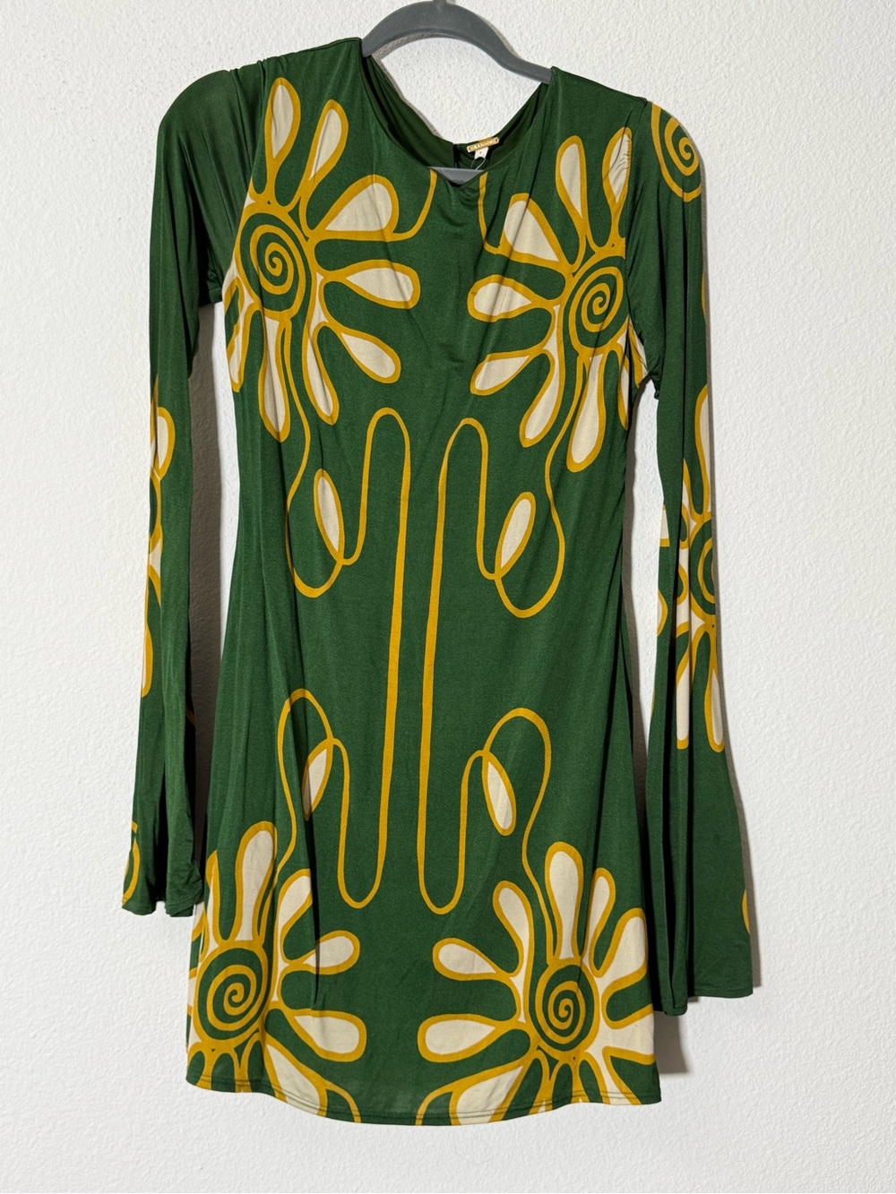 Cala de la Cruz Maisha Green Abstract Floral Long Sleeve Mini Dress L NWT